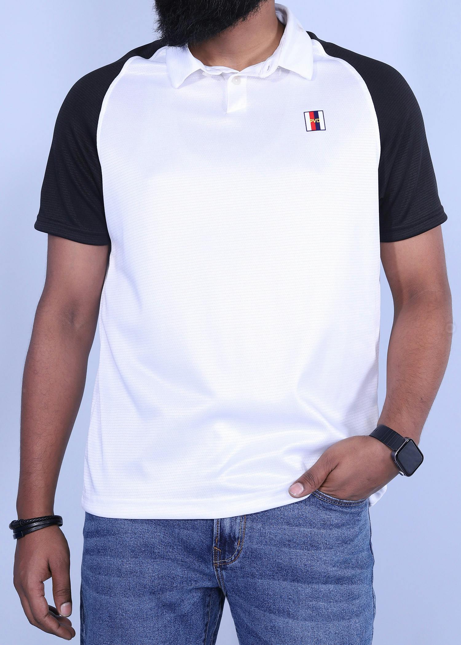 holfman polo white black color half front view