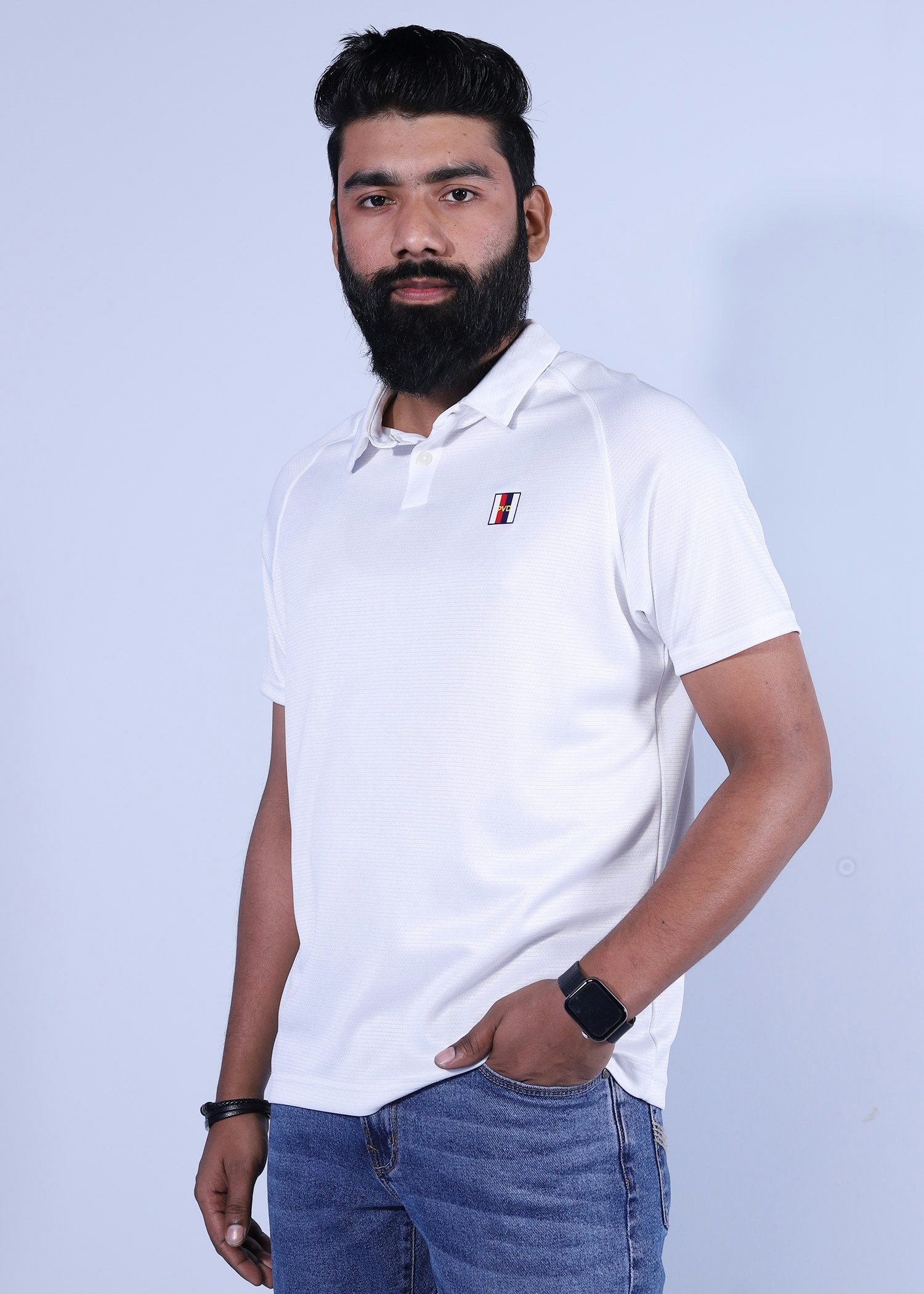 holfman polo white color half side view