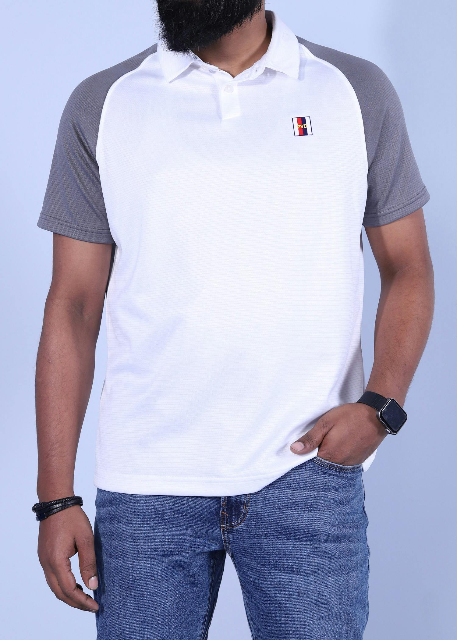 holfman polo white grey color half front view