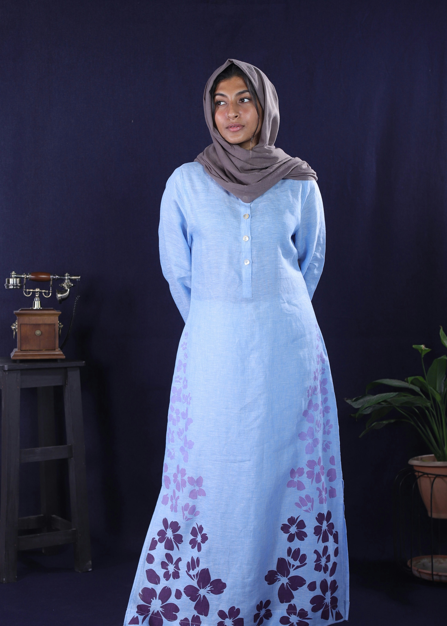maloo ladies long dress sky blue color full front view
