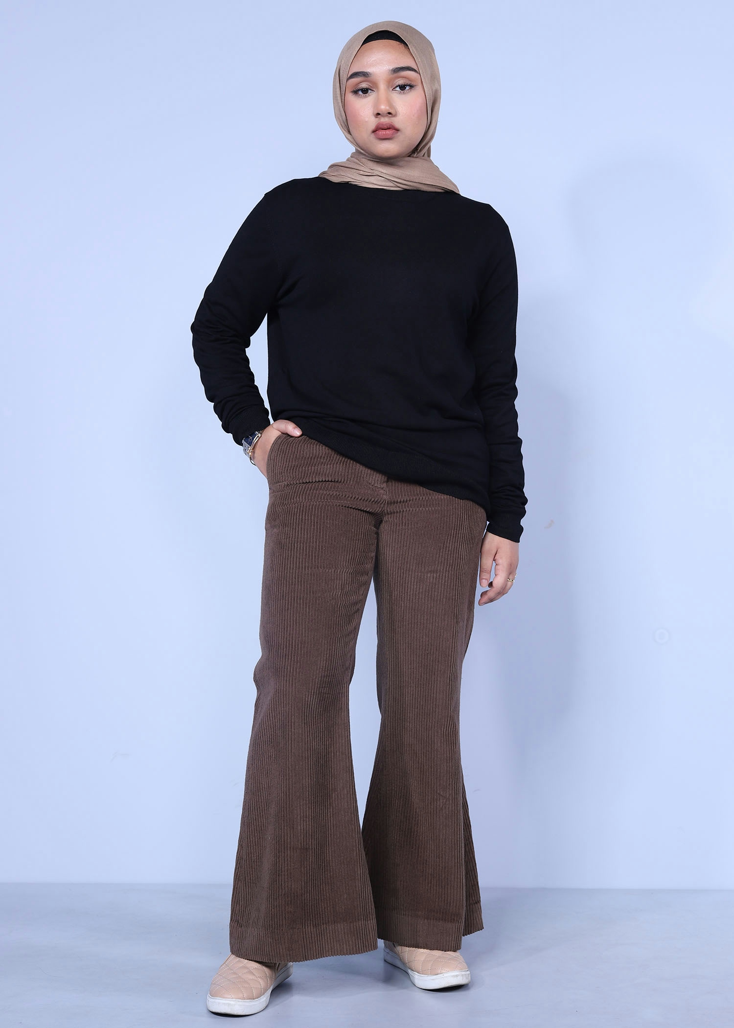 melothria corduroy ladies pant cofffee color full front view